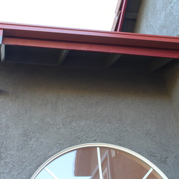 Seamless Box Style Gutters, Colonial Red, Storm Gray Downspouts