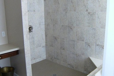 Bathroom - transitional gray tile and ceramic tile ceramic tile bathroom idea in San Diego with white walls
