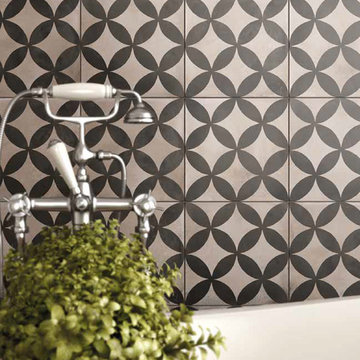 Traditional bathroom with patterned walls and floor