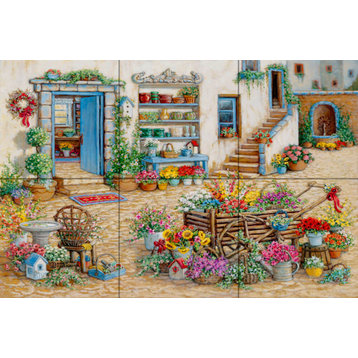 Tile Mural Kitchen Backsplash Courtyard Flower Market-JK by Janet Kruskamp
