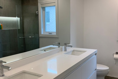 Large minimalist kids' gray tile and stone tile double-sink walk-in shower photo in Toronto with flat-panel cabinets, white cabinets, quartz countertops, a hinged shower door, white countertops and a floating vanity