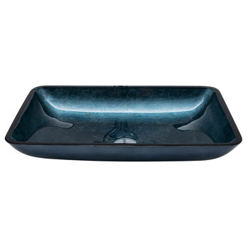 Vinnova Glass Rectangular Vessel Bathroom Sink Without Faucet, Grayish Blue