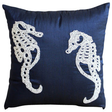 Beaded Sea Horse Blue Art Silk Throw Pillow Covers 12"x12", Navy Blue Sea Horse