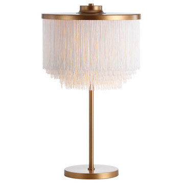 Coco 27.5" Fringed and Metal LED Table Lamp, Gold and White