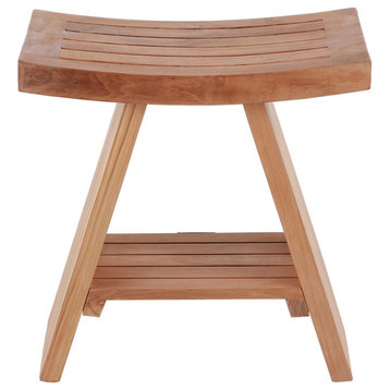 Nordic Style Natural Teak Stool With Curved Seat and Shelf