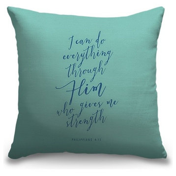 "Philippians 4:13 - Scripture Art in Blue and Teal" Outdoor Pillow 16"x16"