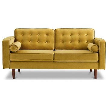 Harriet Mid-Century Modern Pillow Back Velvet Loveseat in Gold