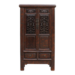 Chinese Distressed Brown Floral Motif Open Panel Storage Cabinet cs2237 - Accent Chests And Cabinets