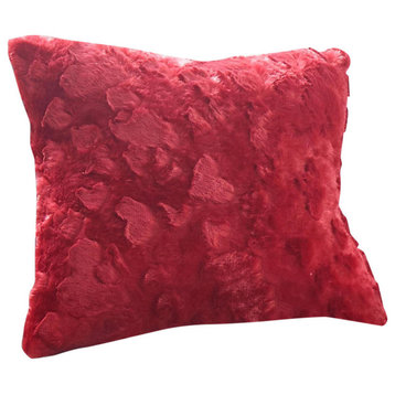 Luxury Faux Fur Euro Throw Pillow Covers, Candy Apple Red Hearts, 26" X 26"