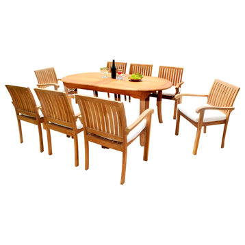 9-Piece Outdoor Teak Dining Set, 94" Oval Table, 8 Nain Stacking Chairs