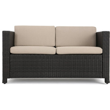 Loveseat, Dark Brown Wicker On Iron Frame With Beige Cushions, Comfortable