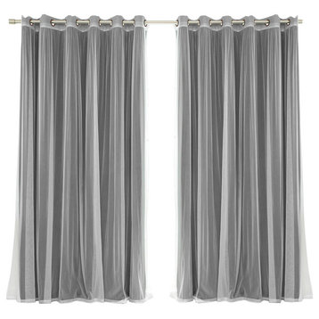 2 Piece Mix and Match Wide Tulle Sheer Lace Blackout Curtain Set, Black