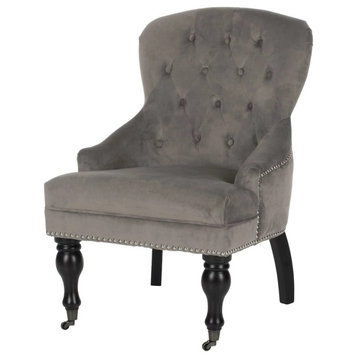 Classic Accent Chair, Birch Legs With Wheel and Button Tufted Back, Mushroom Taupe