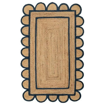 Farmhouse Area Rug, Natural Jute & Rounded Accented Edge, Navy Blue, 4' X 10'