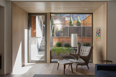 Inspiration for a modern medium tone wood floor basement remodel in New York with white walls