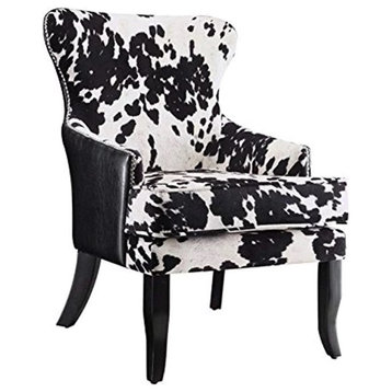 Farmhouse Accent Chair, Black & White Cowhide Upholstered Seat With Wingback