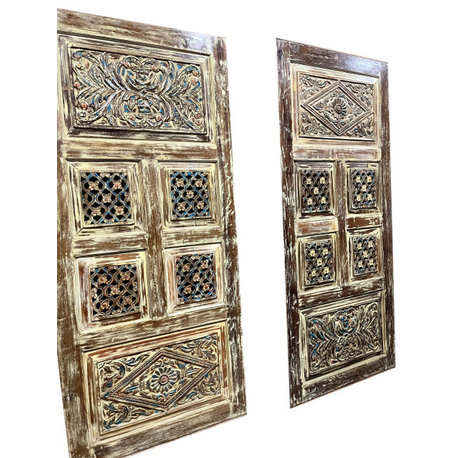 Consigned Artsy Carved Door, Lattice Sliding Barndoor, Natures Harmony Door