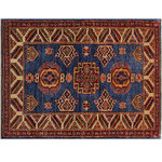 Bareens Designer Rugs - Bohemian Super Kazak Lizzette Blue/Beige Wool Rug - 2'9'' x 3'8'' - Embellish your home with this exquisitely hand-knotted Kazak Rug made with the finest hand spun wool and all vegetable dyes. Demonstrating incredible attention to detail, this hand-knotted masterpiece features an intricate Kazak pattern in a classic color palette. Made in the Caucasian designs from Russia and the northern Persian empire, each Kazak incorporates distinctive tribal flavor with elements such as the stepped hooted polygons, geometrical medallions, animals and rosettes. The straight, clean lines and bold tones embody the weaving style of the Armenian and Afghani weavers known for these iconic designs. This magnificent rug featuring soft luscious pile and is made with handspun wool and natural dyes to produces soft luminous shades causing a beautiful sheen. With geometric designs and bold vibrant saturated colors predominately blues, reds, greens, and gold make a bold statement in any decor. The construction technique used ensures that the designs and colors Ae capable to withstand heavy traffic area.
