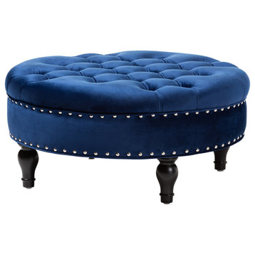Round Ottoman, Button Tufted Velvet Seat With Classic Nailhead Trim, Royal Blue