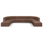 Meridian Furniture - Arc Vegan Leather Upholstered 10-Pc. U-Shaped Modular Sectional, Brown - Unleash modern opulence with the Arc Vegan Leather 10pc. Sectional. Crafted for the modern connoisseur, this Sectional injects an air of refined luxury into any space. Its sleek silhouette, upholstered in supple brown vegan leather, exudes timeless sophistication while the deep channel tufting adds textural intrigue, further elevating the chair's visual appeal. The modular design makes it a versatile chameleon, effortlessly adapting to your evolving needs and preferences. Whether you envision it gracing a chic living room corner, basking in the glow of a bedroom window, or adding a touch of drama to a home office, the Arc seamlessly complements your unique interior aesthetic.