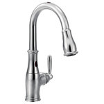 Moen - Moen Brantford Chrome One-Handle Pulldown Kitchen Faucet 7185EC - Brantford kitchen and bar/prep faucets make a traditionally styled space feel truly finished. The spout enhances the curvature of the faucet body and handle for a beautiful, polished look. The pulldown spray wand offers Moens exclusive Power Boost technology for improved functionality at your fingertips.