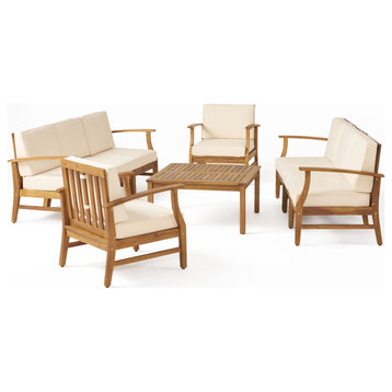 GDF Studio Scarlett Outdoor 8-Seat Teak Finished Acacia Wood Sofa and Table Set, Cream