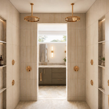 Walk-in wet room shower with dual brass rainfall heads, fluted tile and marble v