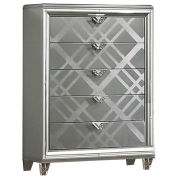 Mirror and Wood Chest with 5 Drawers, Silver