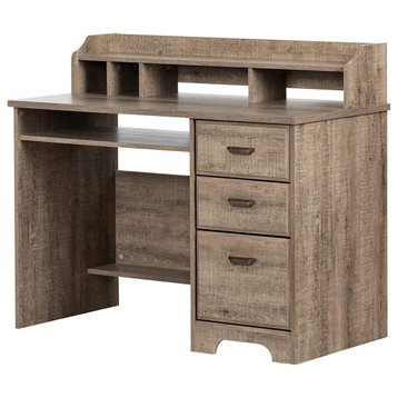 Traditional Desk, Rectangular Top With Hutch and File Drawer, Weathered Oak