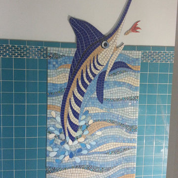 Jumping Blue Marlin Glass Mosiac Mural