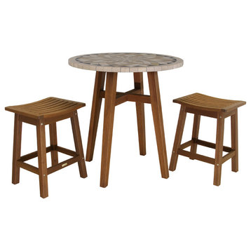 3-Piece Counter Height Marble Table With Saddle Stools Set