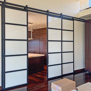 Glass and Metal Barn Doors with Custom Painted Glass