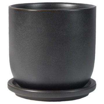 Ceramic Pot With Saucer for Plants, Black, Small