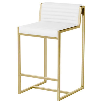 Giza Counter Stool, Brushed Gold Counter Stool, Faux Leather Ribbed Seat, White