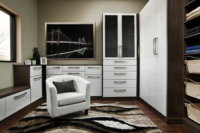 Photo of a large contemporary gender-neutral dressing room in Denver with flat-panel cabinets, white cabinets, dark hardwood floors and brown floor.
