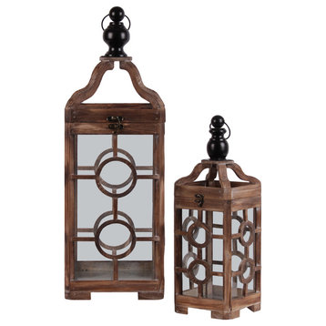 Lanterns With Finial Top, Ring Handle and Double Circle Design, 2-Piece Set
