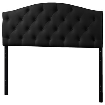 Queen Size Black Faux Leather Upholstered Button-Tufted Scalloped Headboard