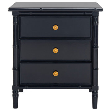 Contemporary Nightstand, Bamboo Like Trimmed Legs & 3 Storage Drawers, Navy