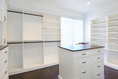 Inspiration for a large contemporary dark wood floor walk-in closet remodel in New York with raised-panel cabinets and white cabinets