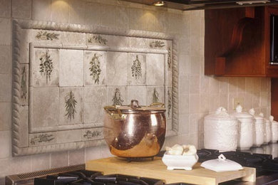Example of a classic kitchen design in Houston with stone tile backsplash