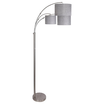 84" Brushed Nickel Arched Floor Lamp, 3-Lights, Gray Linen Shades
