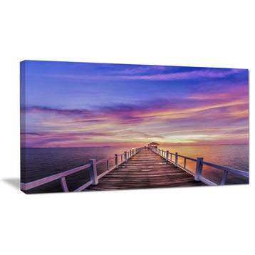 "Wooden Bridge Under Purple Sky" Sea Pier and Bridge Wall Art Canvas, 32"x16"