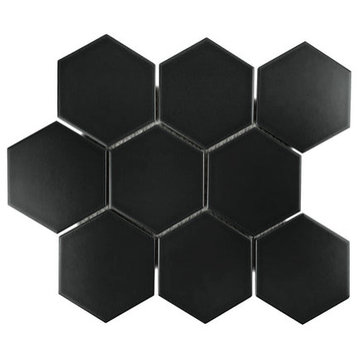 Gio Black Matte 4" Hexagon Porcelain Mosaic Tile, 55 Sheets