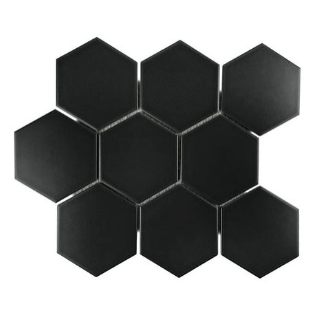 Gio Black Matte 4" Hexagon Porcelain Mosaic Tile, 55 Sheets