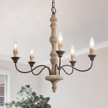 LALUZ 5-Light Farmhouse Rustic Black and Wood Candle French Country Chandelier