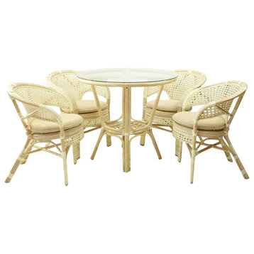 5-Piece Pelangi Dining Rattan Wicker Armchairs and Round Table Glass Top
