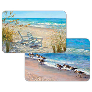 Vinyl Plastic Placemats, Reversible Beach Ocean View, Set of 4
