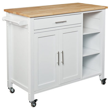 Transitional Kitchen Island Cart, Doors & Drawers With Wooden Top, White Finish
