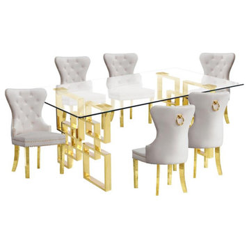 Rectangular Clear Glass 7pc Dining Set with Gold Stainless Steel Base