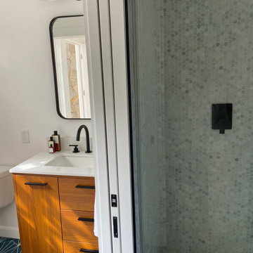 Bathroom complete remodel Mid Century style, shower, behind pocket door, and van